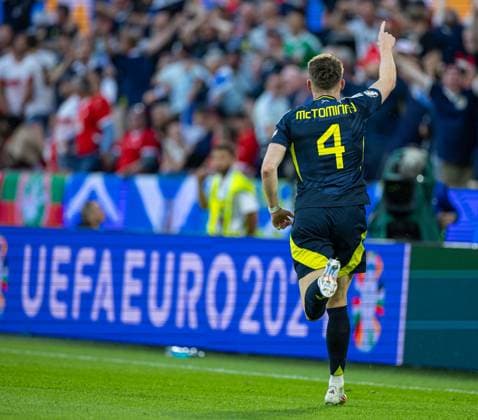 Football - UEFA EURO, EM, Europameisterschaft,Fussball 2024 - Group A - Scotland v Switzerland COLOGNE, GERMANY - Wednesday, June 19, 2024: Scotland s Scott McTominay celebrates after scoring the opening goal during the UEFA Euro 2024 Group A match between Scotland and Switzerland at the Müngersdorfer Stadium. (Photo by David Rawcliffe Propaganda) COLOGNE Müngersdorfer Stadium NORTH RHINE-WESTPHALIA GERMANY  Copyright: xDavidxRawcliffex P2024-06-19-Scotland_Switzerland-30