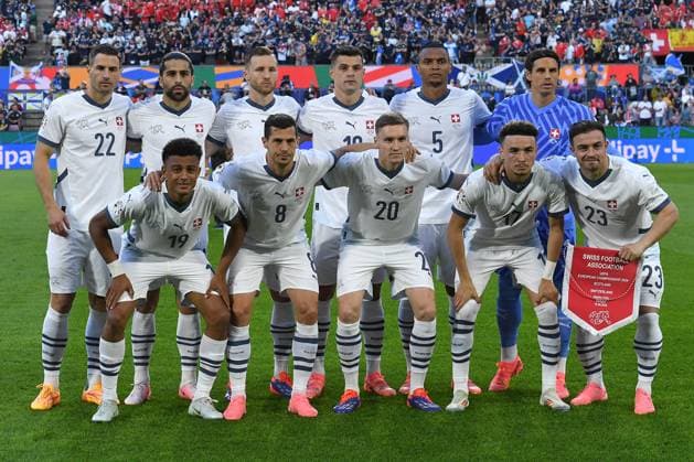 Soccer UEFA EURO 2024 Group Stage 2 Matchday Scotland Switzerland on 19 06 2024 at Köln Stadion in Cologne Team photo Team photo Switzerland Top row f l n r Fabian Schär Switzerland , Ricardo Rodriguez Switzerland , Silvan Widmer Switzerland , Granit Xhaka Switzerland , Manuel Akanji Switzerland , Yann Sommer Switzerland Bottom row f l n r Dan Ndoye Switzerland , Remo Freuler Switzerland , Michel Aebischer Switzerland , Ruben Vargas Switzerland , Xherdan Shaqiri Switzerland xRx