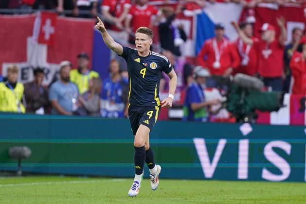 2024-06-19 Scotland v Switzerland - Group A - UEFA EURO, EM, Europameisterschaft,Fussball 2024 COLOGNE, GERMANY - JUNE 19: Scott McTominay of Scotland celebrates after scoring the goal during the Group A - UEFA EURO 2024 match between Scotland and Switzerland at Cologne Stadium on June 19, 2024 in Cologne, Germany. (Photo by Joris Verwijst BSR Agency) Cologne Germany Content not available for redistribution in The Netherlands directly or indirectly through any third parties. Copyright: xBSRxAgencyx