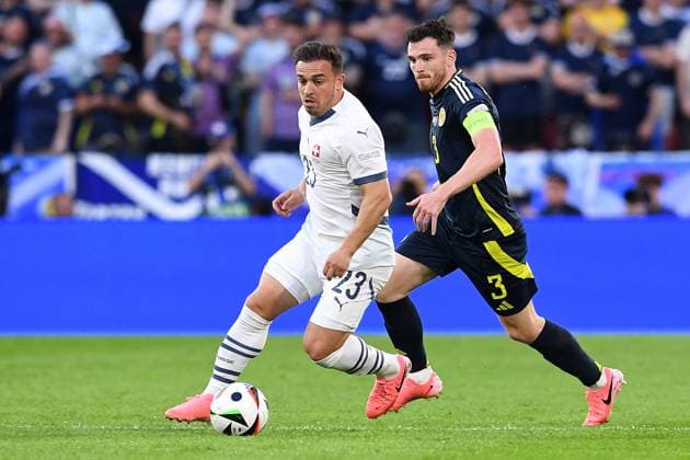 Soccer UEFA EURO 2024 Group Stage 2 Matchday Scotland Switzerland on 19 06 2024 at Köln Stadion in Cologne Xherdan Shaqiri Switzerland , left Andrew Robertson Scotland , right xRx