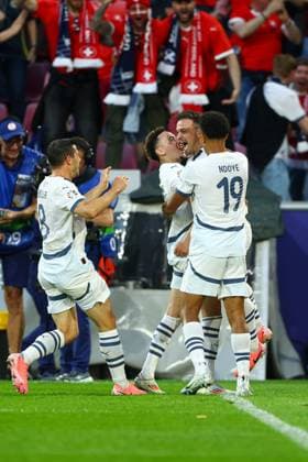 Xherdan Shaqiri of Switzerland celebrates scoring the goal for their side with their teammates to make it 1-1 Scotland v Switzerland, UEFA European Championship, EM, Europameisterschaft 2024, Group A, Football, Cologne Stadium, Cologne, Germany, 19 Jun 2024 EDITORIAL USE ONLY No use with unauthorised audio, video, data, fixture lists, club league logos or live services. Online in-match use limited to 120 images, no video emulation. No use in betting, games or single club league player publications. Copyright: xKieranxMcManus Shutterstockx 14543653bi