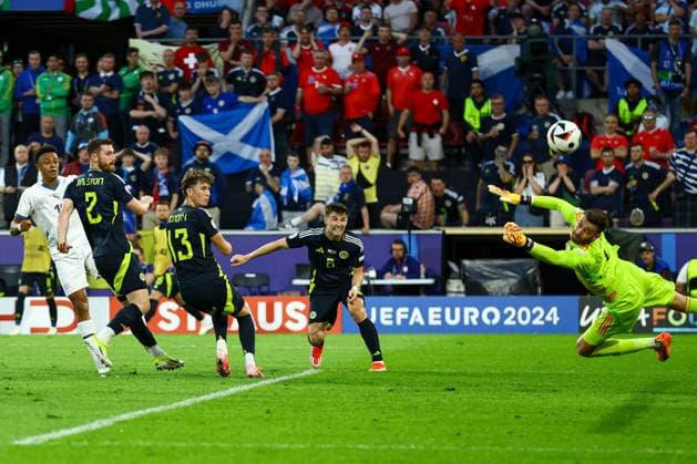 Angus Gunn of Scotland saves a shot from Dan Ndoye of Switzerland Scotland v Switzerland, UEFA European Championship, EM, Europameisterschaft 2024, Group A, Football, Cologne Stadium, Cologne, Germany, 19 Jun 2024 EDITORIAL USE ONLY No use with unauthorised audio, video, data, fixture lists, club league logos or live services. Online in-match use limited to 120 images, no video emulation. No use in betting, games or single club league player publications. Copyright: xKieranxMcManus Shutterstockx 14543653bk