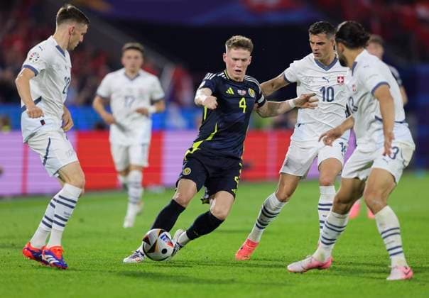 Scotland v Switzerland UEFA EURO, EM, Europameisterschaft,Fussball 2024 Group A Scott McTominay of Scotland battles with Granit Xhaka of Switzerland during the UEFA Euro 2024 Group A match between Scotland and Switzerland at RheinEnergieStadion, Cologne Copyright: xPaulxChestertonx FIL-20271-0151 UK Newspapers OUT