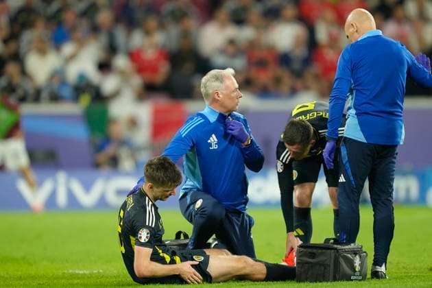 Scotland v Switzerland: Group A - UEFA EURO, EM, Europameisterschaft,Fussball 2024 Kieran Tierney left-Back of Scotland and Real Sociedad lies injured on the pitch during the UEFA EURO 2024 group stage match between Scotland and Switzerland at Cologne Stadium on June 19, 2024 in Cologne, Germany. Cologne Germany  Copyright: xJosexBretonx originalFilename:breton-scotland240619_npuaw.jpg