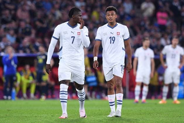 Soccer UEFA EURO 2024 Group Stage 2 Matchday Scotland Switzerland on 19 06 2024 at Köln Stadion in Cologne Breel Embolo Switzerland , left Dan Ndoye Switzerland , right xRx