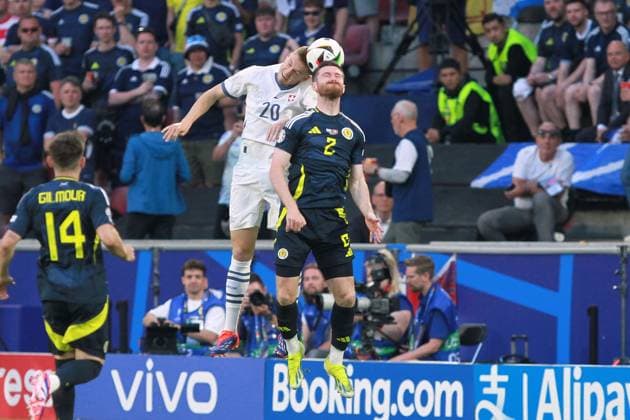 Cologne, NRW, Germany, 19 06 2024 Müngersdorfer Stadion European Football Championship 2024, Group A, Scotland Switzerland Michel Aebischer 20, Switzerland in a header duel with Tony Ralston 2, Scotland Copyright: xdtsxNachrichtenagenturx dts_40871