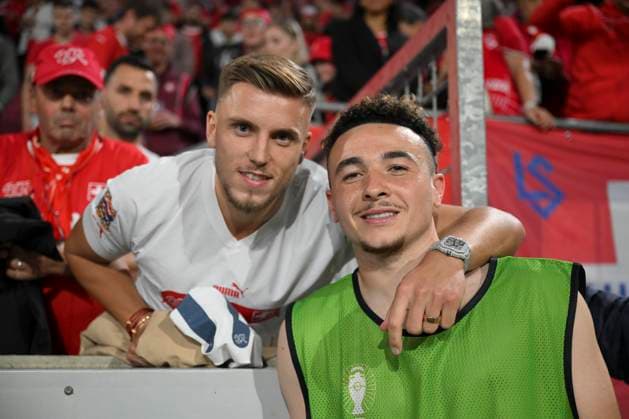 Ruben Vargas 17 Switzerland with Ermedin Demirovic after the match, Scotland vs Switzerland, Football, UEFA Euro 2024, Group stage, Matchday 2, 19 06 2024 Cologne North Rhine-Westphalia Germany Copyright: xkolbert-press MarcxNiemeyerx