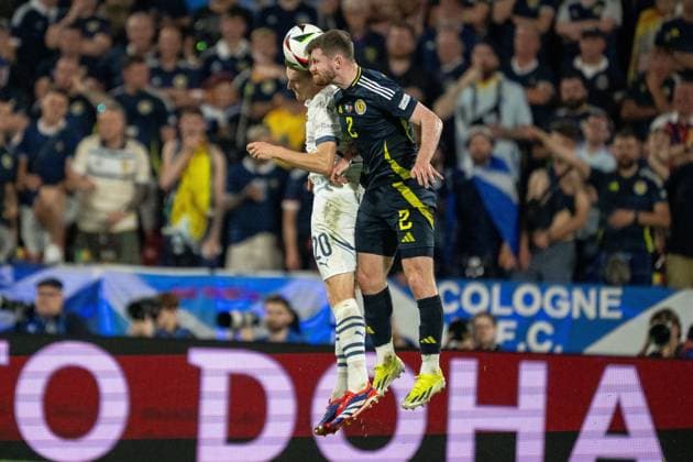 GER, EURO 2024, Group A, Scotland SCT vs Switzerland SUI 19 06 2024, Cologne Stadium, Cologne, GER, EURO 2024, Group A, Scotland SCT vs Switzerland SUI In the picture Michel Aebischer Switzerland SUI, 20 Anthony Ralston Scotland SCT, 02 header header duel dynamics, action, action, game scene nordphotoxGmbHxx xDenkinger nph00015