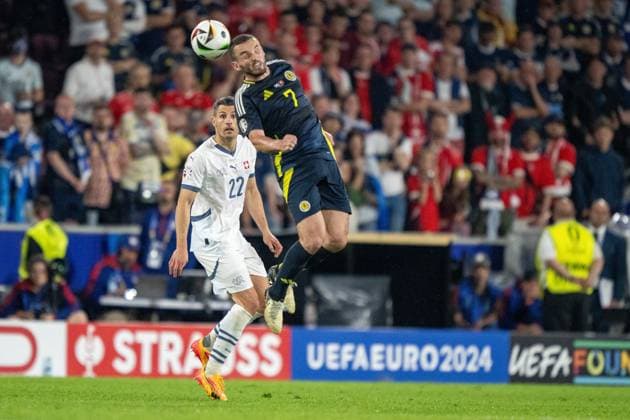GER, EURO 2024, Group A, Scotland SCT vs Switzerland SUI 19 06 2024, Cologne Stadium, Cologne, GER, EURO 2024, Group A, Scotland SCT vs Switzerland SUI In the picture John McGinn Scotland SCT, 07 header header duel dynamics, action, action, game scene nordphotoxGmbHxx xDenkinger nph00015