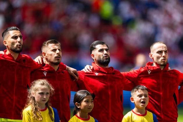 Croatia v Albania, UEFA EURO, EM, Europameisterschaft,Fussball 2024, Hamburg, Germany Hamburg, Germany. 19th, June 2024. The players of Albania seen during the national anthem at the UEFA Euro 2024 match in Group B between Croatia and the Albania at Volksparkstadion in Hamburg. Hamburg Germany  Copyright: xGonzalesxPhoto FrederikkexJensenx