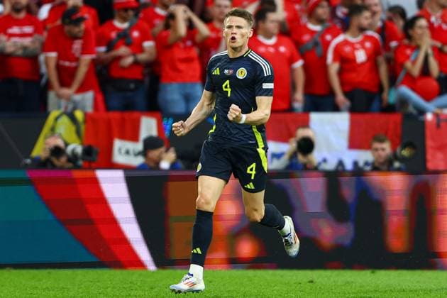Scott McTominay of Scotland celebrates scoring a goal for their side to make it 1-0 Scotland v Switzerland, UEFA European Championship, EM, Europameisterschaft 2024, Group A, Football, Cologne Stadium, Cologne, Germany, 19 Jun 2024 EDITORIAL USE ONLY No use with unauthorised audio, video, data, fixture lists, club league logos or live services. Online in-match use limited to 120 images, no video emulation. No use in betting, games or single club league player publications. Copyright: xKieranxMcManus Shutterstockx 14543653fk