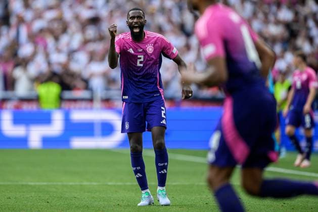 240619 Antonio Ruediger of Germany celebrates during the UEFA Euro 2024 Football Championship match between Germany and Hungary on June 19, 2024 in Stuttgart Photo Jesper Zerman BILDBYRAN kod JZ JZ0542 fotboll football soccer fotballs em europamästerskap em uefa euro uefa european football championship euro 2024 tyskland germany hungary bbeng jubel  Copyright: JESPERxZERMAN BB240619JZ237