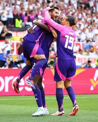 Ilkay Gundogan of Germany celebrates scoring his sides second goal with team-mates Antonio Rudiger and Leroy Sane Germany v Hungary, UEFA European Championship, EM, Europameisterschaft 2024, Group A, Football, Stuttgart Arena, Stuttgart, Germany, 19 Jun 2024 EDITORIAL USE ONLY No use with unauthorised audio, video, data, fixture lists, club league logos or live services. Online in-match use limited to 120 images, no video emulation. No use in betting, games or single club league player publications. Copyright: xMichaelxZemanek Shutterstockx 14543652gk