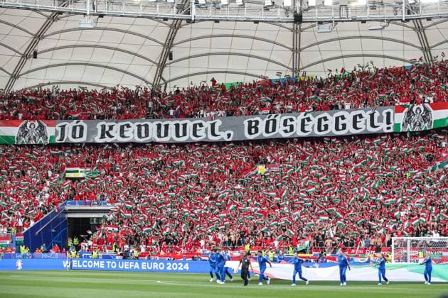 European Championship 2024 Germany Hungary on 19 06 2024 in the Stuttgart Arena in Stuttgart The fans from Hungary hold up flags and present a banner banner banner banner choreography choreography choreography MH