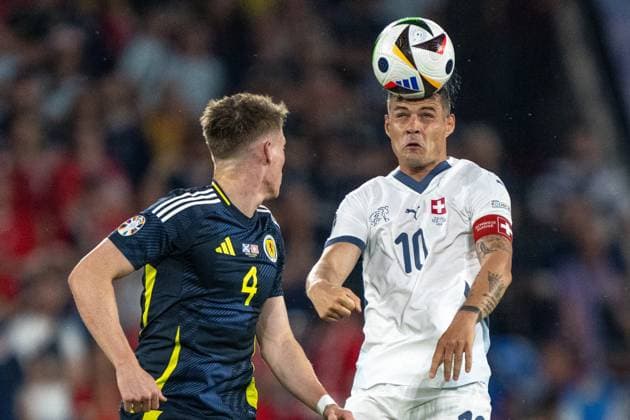 GER, EURO 2024, Group A, Scotland SCT vs Switzerland SUI 19 06 2024, Cologne Stadium, Cologne, GER, EURO 2024, Group A, Scotland SCT vs Switzerland SUI In the picture Granit Xhaka Switzerland SUI, 10 header header duel Dynamics, action, action, game scene Gestures, facial expressions, emotions nordphotoxGmbHxx xDenkinger nph00015