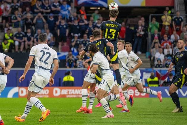 GER, EURO 2024, Group A, Scotland SCT vs Switzerland SUI 19 06 2024, Cologne Stadium, Cologne, GER, EURO 2024, Group A, Scotland SCT vs Switzerland SUI In the picture Jack Hendry Scotland SCT, 13 header header duel dynamics, action, action, game scene jumps the highest nordphotoxGmbHxx xDenkinger nph00015