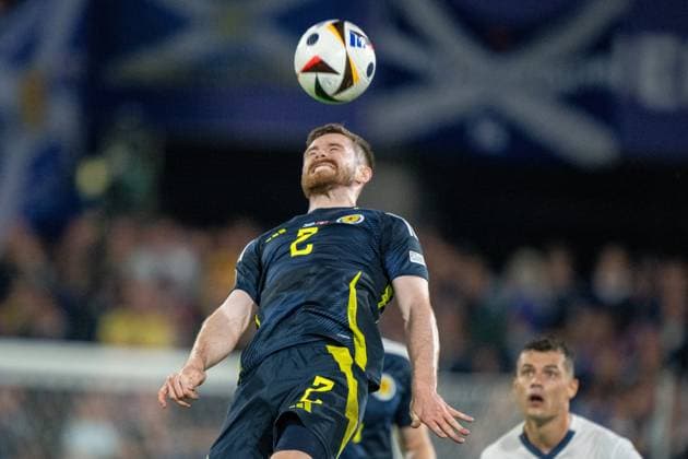GER, EURO 2024, Group A, Scotland SCT vs Switzerland SUI 19 06 2024, Cologne Stadium, Cologne, GER, EURO 2024, Group A, Scotland SCT vs Switzerland SUI In the picture Anthony Ralston Scotland SCT, 02 header header duel dynamics, action, action, game scene gestures, facial expressions, emotions nordphotoxGmbHxx xDenkinger nph00015