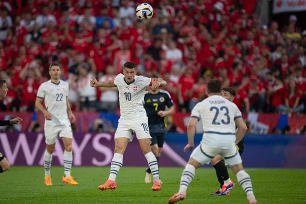 XHAKA Granit SUI Action, Single Action, Header, Group Stage Group A Scotland SCO Switzerland SUI 1 1 on 19 06 2024 Stadion Koeln, Cologne Stadium, Football UEFA EURO 2024 GERMANY from 14 06 2024 14 07 2024 Â