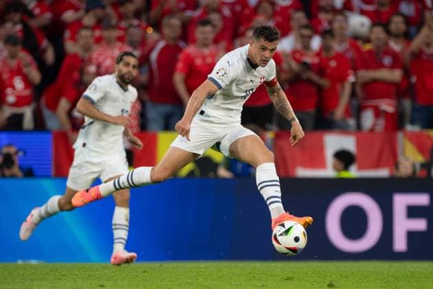 XHAKA Granit SUI action, single action, group stage group A Scotland SCO Switzerland SUI 1 1 on 19 06 2024 Stadion Koeln, Cologne Stadium, Football UEFA EURO 2024 GERMANY from 14 06 2024 14 07 2024 Â
