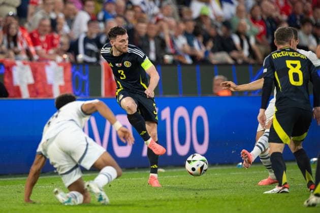 Andrew ROBERTSON SCO action, single action, group stage group A Scotland SCO Switzerland SUI 1 1 on 19 06 2024 Stadion Koeln, Cologne Stadium, Football UEFA EURO 2024 GERMANY from 14 06 2024 14 07 2024 Â
