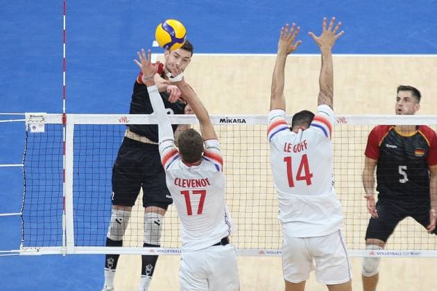 PH: Germany outguns France in VNL 2024 Match Tobias Brand 22, Black of Germany spikes the ball towards the side of France during their VNL 2024 Match. Pasay City Metro Manila Philippines Copyright: DennisxJeromexAcosta