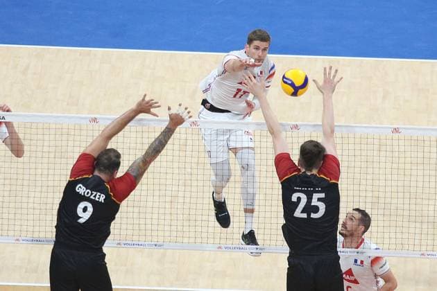 PH: Germany outguns France in VNL 2024 Match Trevor Clevenot 17, White of France tries to spike over a wall of German Players during their VNL Match. Pasay City Metro Manila Philippines Copyright: DennisxJeromexAcosta