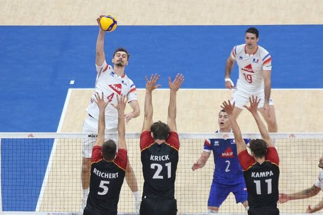 PH: Germany outguns France in VNL 2024 Match Jean Patry 4, White of France tries to spike over a wall of German Players during their VNL Match. Pasay City Metro Manila Philippines Copyright: DennisxJeromexAcosta