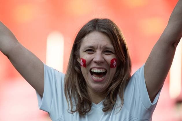 female Swiss fans on the grandstand, general, feature, border motif, symbol photo group stage group A Scotland SCO Switzerland SUI 1 1 on 19 06 2024 Stadion Koeln, Cologne Stadium, Football UEFA EURO 2024 GERMANY from 14 06 2024 14 07 2024 Â