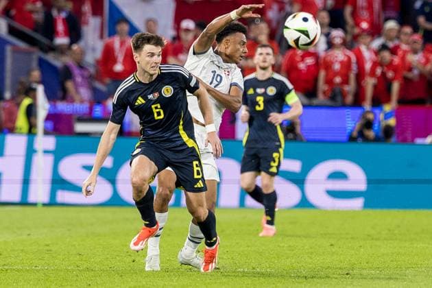 Scotland v Switzerland: Group A - UEFA EURO, EM, Europameisterschaft,Fussball 2024 Kieran Tierney and Dan Ndoye are playing during the Scotland vs. Switzerland match in the UEFA Euro 2024 in Cologne, Germany, on June 19, 2024. Cologne Germany  Copyright: xFotoxOlimpikx originalFilename:jastrzebowski-scotland240619_npvjM.jpg