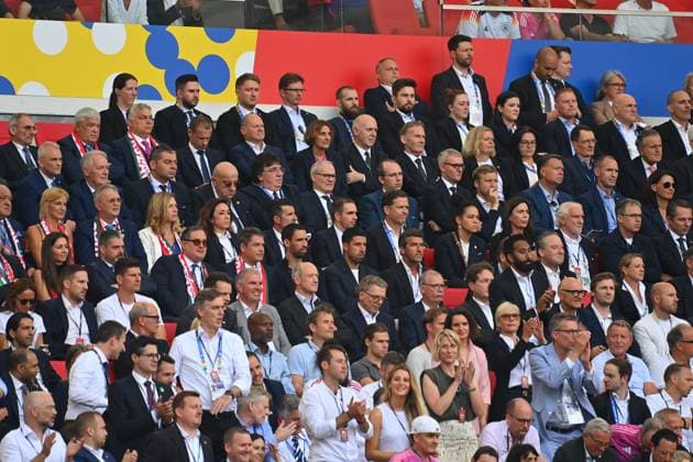 VIP Tribune with amongst others Victor ORBAN Prime Minister Hungary ,Alekasander CEFERIN Uefa President ,Chancellor Olaf Scholz with wife Britta ERNST,Bernd NEUENDORF DFB President ,Hans Joachim WATZKE,Nancy FAESER, Karl LAUTERBACH,Philipp LAHM,Oliver BIERHOFF, Steffie JONES,Rudi VOELLER Sports Director GER , Andreas RETTIG DFB Managing Director Sport , Mario GOMEZ,Rani zund Sami KHEDIRA,Karl Heinz RIEDLE,Christian SEWING,Carsten SPOHR,Roland BUSCH,Guenther JAUCH,Ola KAELLENIUS, Timotheus HOETTGES,Jens LEHMANN Group Stage Group A Germany GER Hungary HUN 2 0 on 19 06 2024, Stuttgart Arena Football UEFA EURO 2024 GERMANY from 14 06 2024 14 07 2024