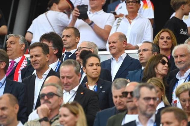VIP Tribune with among others Victor ORBAN Prime Minister Hungary ,Alekasander CEFERIN Uefa President ,Chancellor Olaf Scholz with wife Britta ERNST,Rudi VOELLER Sports Director GER Group Phase Group A Germany GER Hungary HUN 2 0 on 19 06 2024, Stuttgart Arena Football UEFA EURO 2024 GERMANY from 14 06 2024 14 07 2024