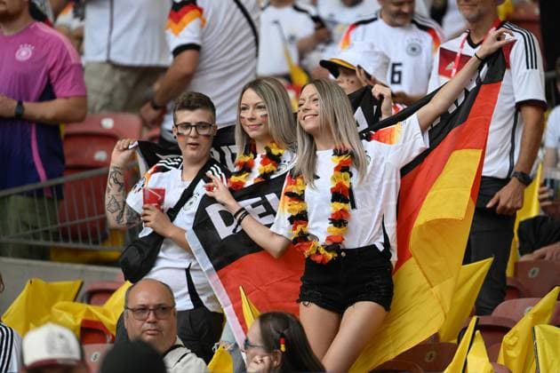 Female German fans celebrate in the stands 19 06 2024, European Football Championship 2024, Preliminary round, 2 Matchday Germany Hungary 2 0 Stuttgart MHP Arena Baden Württemberg Germany Team2