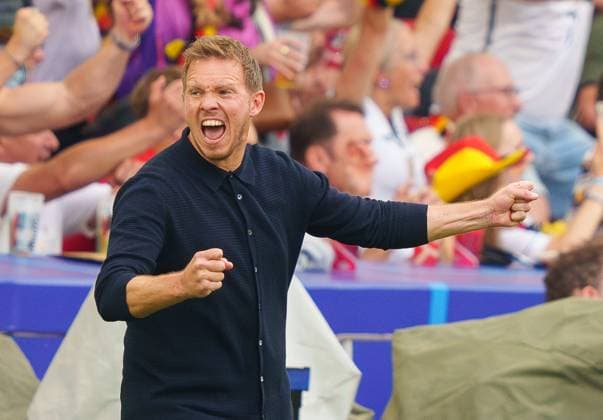 DFB headcoach Julian Nagelsmann , Bundestrainer, Nationaltrainer, celebrates 2-0 goal of Ilkay Gündogan, DFB 21 happy, laugh, celebration, in the group stage match GERMANY - HUNGARY 2-0 of the UEFA European Championships 2024 on Jun 19, 2024 in Stuttgart, Germany.