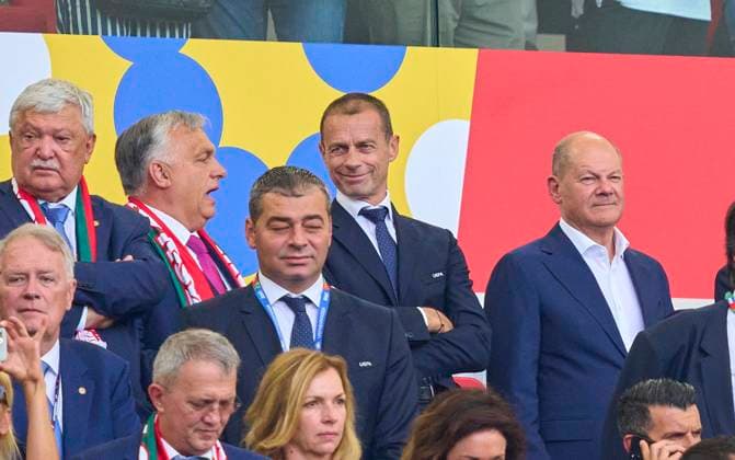 Olaf Scholz, Bundeskanzler Deutschland, Aleksander CEFERIN, UEFA Präsident, Viktor ORBAN, Hungarian President, Prime Minister of Hungary, in the group stage match GERMANY - HUNGARY 2-0 of the UEFA European Championships 2024 on Jun 19, 2024 in Stuttgart, Germany.