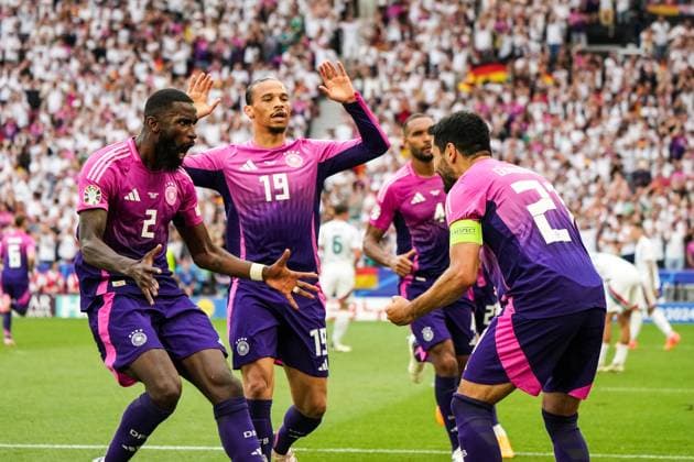 celebrate the goal, goal celebration for 2 0 Ilkay Gündogan Germany Germany, 21 with Antonio Rüdiger Germany Germany, 02 , Leroy Sane Germany Germany, 19 Stuttgart 19 06 2024 Germany vs Hungary, EURO2024, Group A, M14, EM Arena Stuttgart