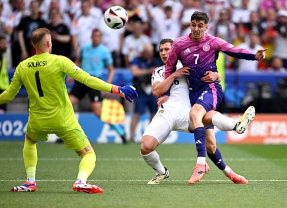 Soccer Euro 2024 Group A 19 06 2024 Germany Hungary Goalkeeper Peter Gulacsi left, Hungary vs Willi Orban center, Hungary vs Kai Havertz right, Germany