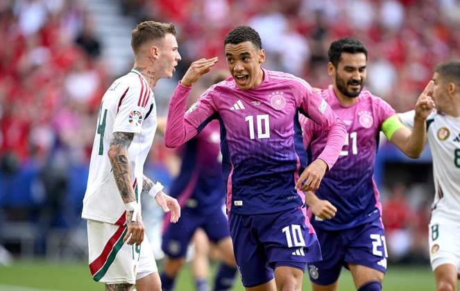 Soccer Euro 2024 Group A 19 06 2024 Germany Hungary Cheering Germany after the goal to 1 0 by goal scorer Jamal Musiala center and Ilkay Guendogan right Disappointment at Bendeguz Bolla left , Hungary