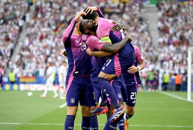 Football Euro 2024 Group A 19 06 2024 Germany Hungary Germany cheering after the goal for 2 0, Leroy Sane, Antonio Ruediger and the goal scorer on top Ilkay Guendogan