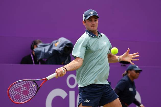 20th June 2024; Cinch Championships, Queens Club, West Kensington, London, England: Cinch Championships Queens Club, Day 4; Tommy PAUL (USA) with a forehand shot to Alejandro TABILO (CHI), mens singles match  ActionPlus12657172 JohnxPatrickxFletcher