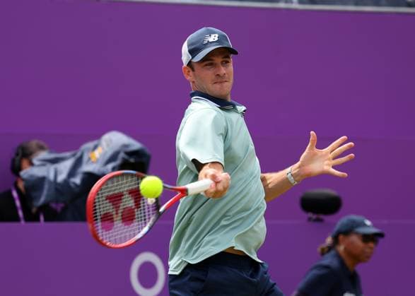 20th June 2024; Cinch Championships, Queens Club, West Kensington, London, England: Cinch Championships Queens Club, Day 4; Tommy PAUL (USA) with a forehand shot to Alejandro TABILO (CHI), mens singles match  ActionPlus12657173 JohnxPatrickxFletcher