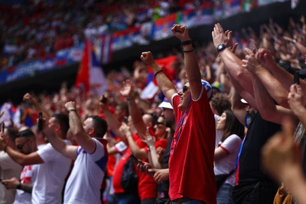 Serbia fans Slovenia v Serbia, UEFA European Championship, EM, Europameisterschaft 2024, Group C, Football, Munich Football Arena, Munich, Germany, 20 Jun 2024 EDITORIAL USE ONLY No use with unauthorised audio, video, data, fixture lists, club league logos or live services. Online in-match use limited to 120 images, no video emulation. No use in betting, games or single club league player publications. Copyright: xMichaelxZemanek Shutterstockx 14543659am
