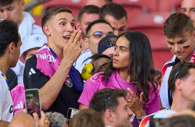 Nico Schlotterbeck, DFB 15 wife Sabrina, and baby, son, daughter in the group stage match GERMANY - HUNGARY 2-0 of the UEFA European Championships 2024 on Jun 19, 2024 in Stuttgart, Germany.