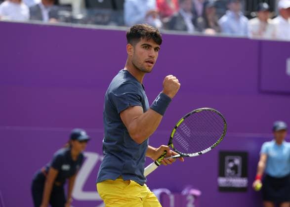 20th June 2024; Cinch Championships, Queens Club, West Kensington, London, England: Cinch Championships Queens Club, Day 4; Carlos Alcaraz (ESP) celebrates winning a game against Jack Draper (GBR), mens singles match  ActionPlus12657195 JohnxPatrickxFletcher