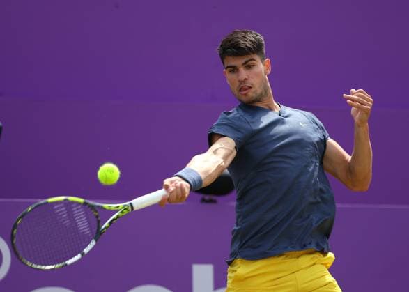 20th June 2024; Cinch Championships, Queens Club, West Kensington, London, England: Cinch Championships Queens Club, Day 4; Carlos Alcaraz (ESP) with a forehand shot to Jack Draper (GBR), mens singles match  ActionPlus12657199 JohnxPatrickxFletcher