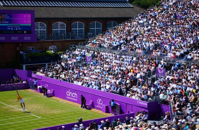 Jack Draper in second round action, taking the first set on a tie-break Cinch Championships, Day 4, Tennis, Queen s Club, London, UK - 20 June 2024  Copyright: xJavierxGarcia Shutterstockx 14543333j