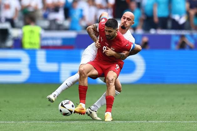 Vanja Drkusic of Slovenia and Aleksandar Mitrovic of Serbia Slovenia v Serbia, UEFA European Championship, EM, Europameisterschaft 2024, Group C, Football, Munich Football Arena, Munich, Germany, 20 Jun 2024 EDITORIAL USE ONLY No use with unauthorised audio, video, data, fixture lists, club league logos or live services. Online in-match use limited to 120 images, no video emulation. No use in betting, games or single club league player publications. Copyright: xMichaelxZemanek Shutterstockx 14543659aw