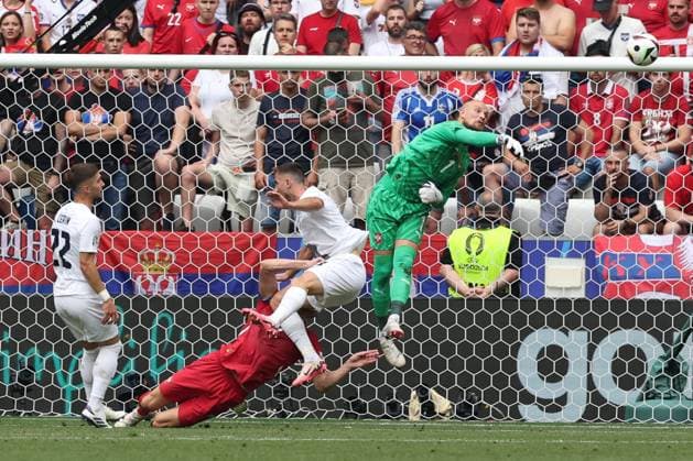 Goalkeeper action by Predrag Rajkovic 1 Serbia , Slovenia vs Serbia Football, UEFA Euro 2024, Group stage, Matchday 2, 20 06 2024 Munich Bavaria Germany Copyright: xkolbert-press ChristianxKolbertx