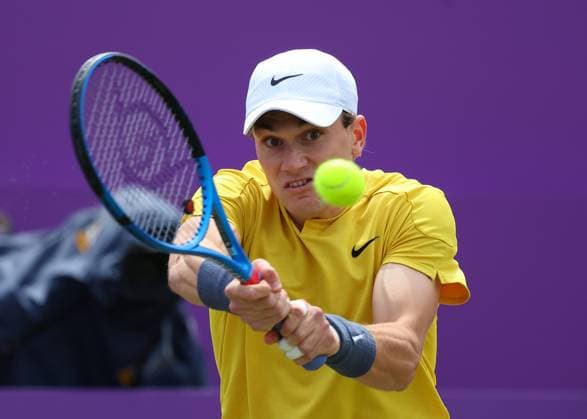 20th June 2024; Cinch Championships, Queens Club, West Kensington, London, England: Cinch Championships Queens Club, Day 4; Jack Draper (GBR) with a backhand shot to Carlos Alcaraz (ESP), mens singles match  ActionPlus12657299 JohnxPatrickxFletcher