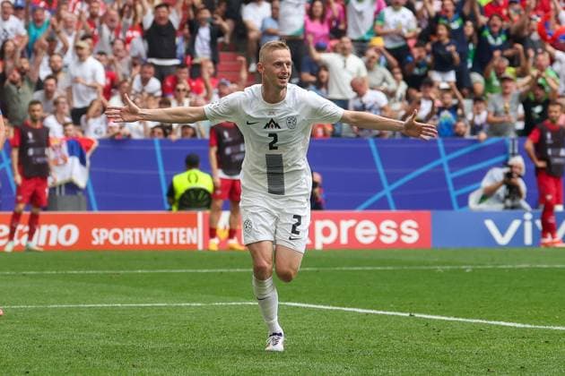 Goal celebration by Zan Karnicnik 2 Slovenia for 1 0, Slovenia vs Serbia Football, UEFA Euro 2024, Group stage, Matchday 2, 20 06 2024 Munich Bavaria Germany Copyright: xkolbert-press ChristianxKolbertx
