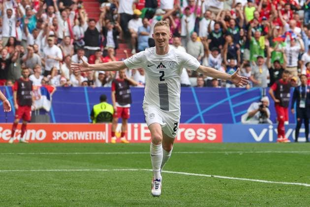 Goal celebration by Zan Karnicnik 2 Slovenia for 1 0, Slovenia vs Serbia Football, UEFA Euro 2024, Group stage, Matchday 2, 20 06 2024 Munich Bavaria Germany Copyright: xkolbert-press ChristianxKolbertx